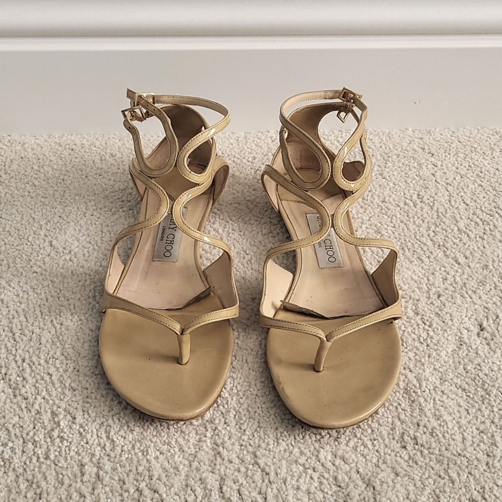 Jimmy Choo Authentic Leja Patent Nude Flat Sandals 37